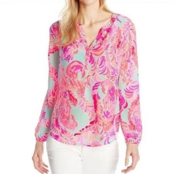 Lilly Pulitzer Stacey Silk Top Blouse Small Long Sleeve Pink Blue - Picture 1 of 14